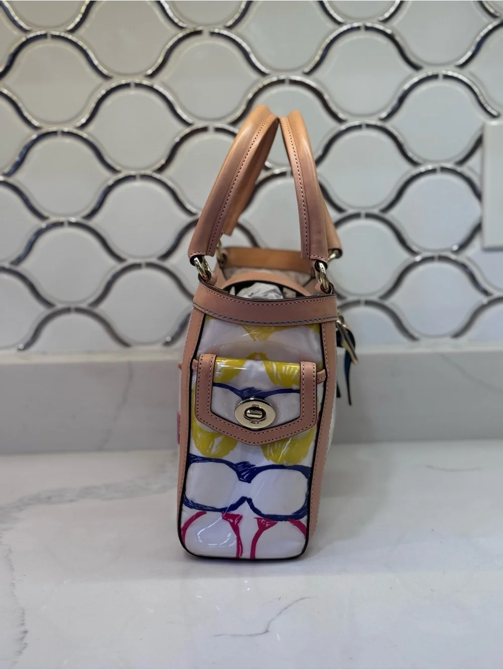 Coach Multicolor Logo Print Boxy  Tote w/ Tan Leather - Vintage -Limited Edition